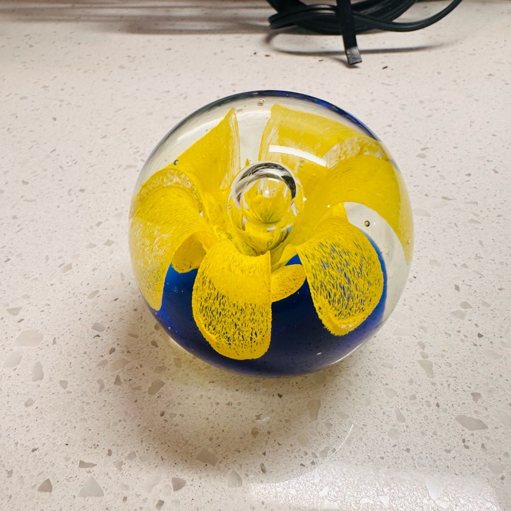 Vintage Art Glass Paperweight with Yellow Flower